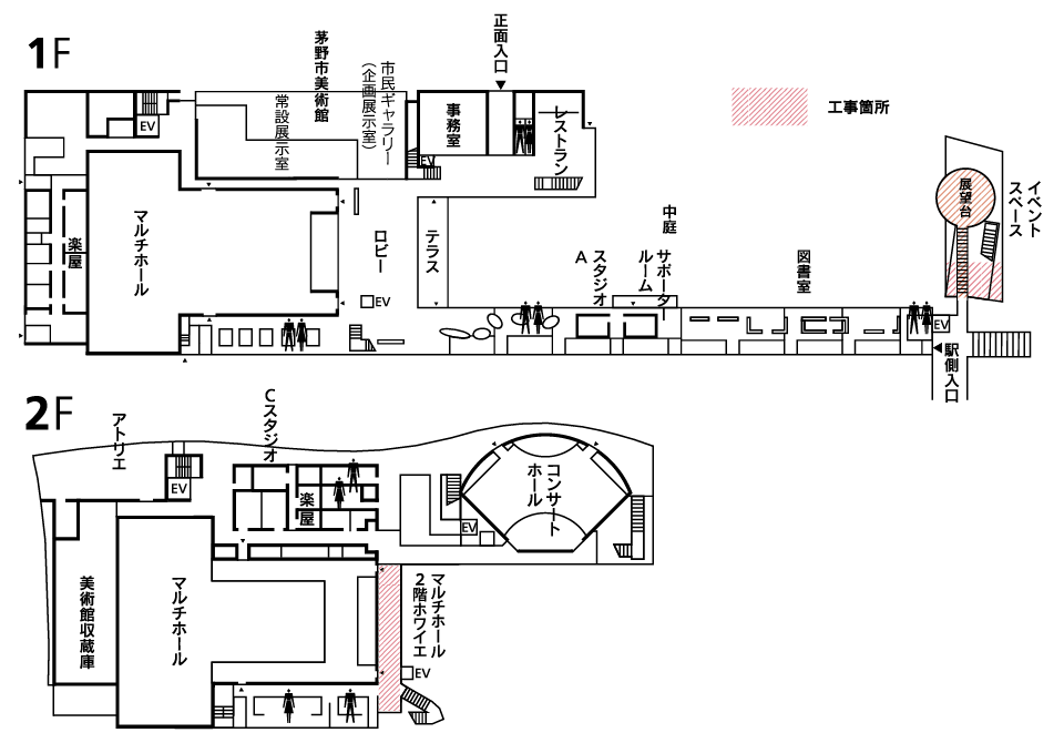 工事箇所：展望台、イベントスペース後方一部、マルチホール2階ホワイエ